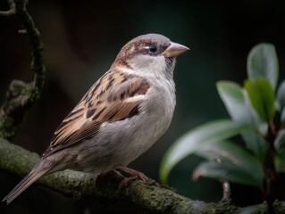 Close-up of a house sparrow perched on a branch amidst lush greenery.