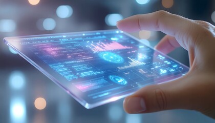 Human Hand Interacts with a Futuristic Transparent Tablet Displaying Holographic Data