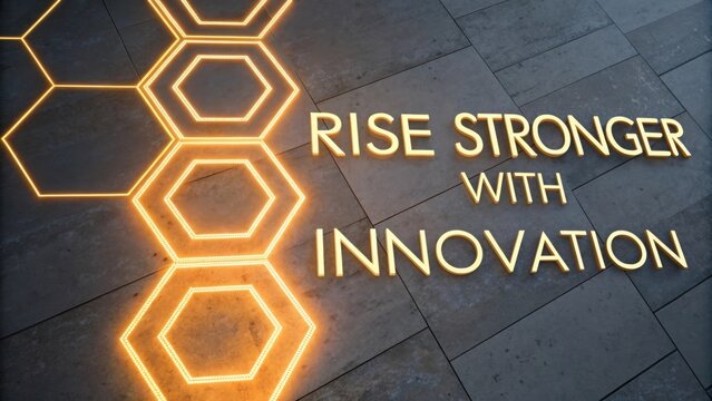 Glowing hexagonal design with Rise Stronger text - Powered by Adobe