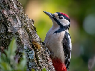 Close-up of great spotted woodpecker perched on tree trunk in natural habitat.