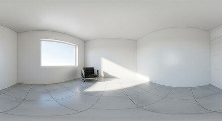 Modern minimalist 360 interior panorama with an armchair bathed in natural light, ideal for virtual tours and real estate.