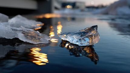 Naklejka premium A stunning piece capturing a crystal-clear ice fragment illuminated by ambient light on water, showcasing nature's beauty and tranquility during twilight hours by a serene lake.