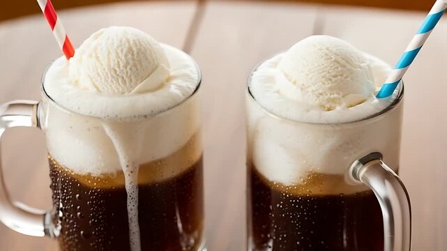 two vanilla ice cream floats in glass mugs with foamy heads