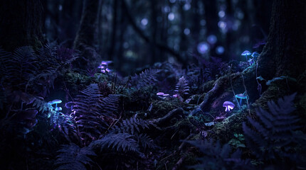 Mystical dark forest background with glowing blue and violet ferns for deep nature concept