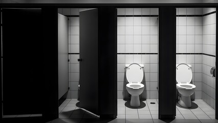 A monochromatic depiction of an empty public restroom with multiple open stalls, highlighting cleanliness and functional design within a sterile environment