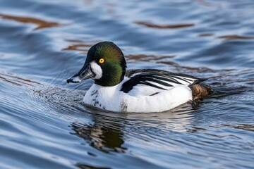 Common goldeneye swimming in tranquil waters.