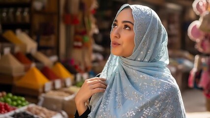 woman in blue hijab in bustling market street scene
