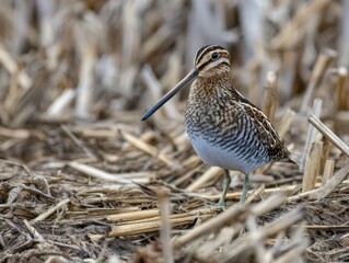 Common snipe in natural habitat amongst autumn fields.
