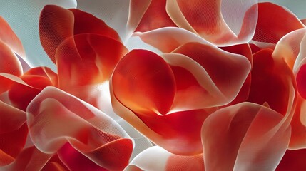 Red and white undulating organic shapes create a soft layered abstract pattern with fine mesh lines