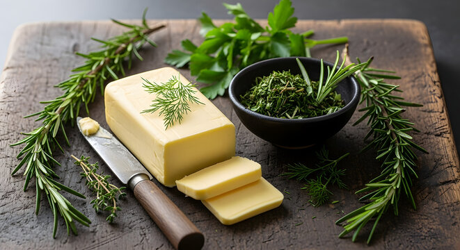 Block of butter with fresh herbs on rustic board, homemade herb butter and chopped greens, cooking ingredients