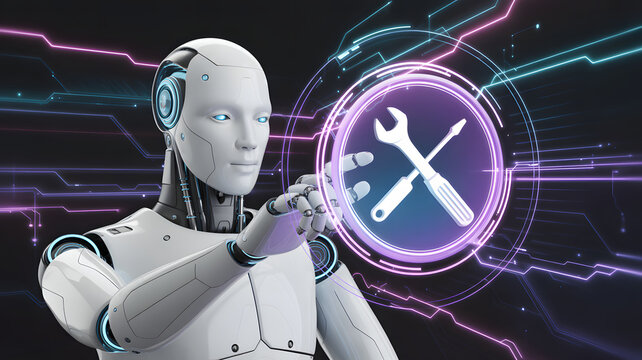 Robot interacting with futuristic interface for maintenance - Powered by Adobe