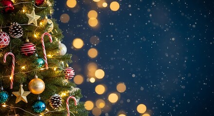 A festive Christmas scene featuring a richly decorated Christmas tree positioned on the left side of the frame, adorned with colorful glass baubles