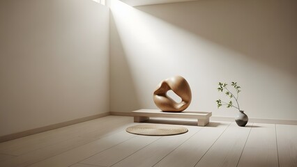 A minimalist interior design with a modern sculpture and natural elements illuminated by soft light