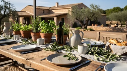 Fototapeta premium Rustic Outdoor Dining: An inviting outdoor dining setting with a long wooden table set with elegant tableware and fresh herbs, framed by a charming stone house and lush greenery, ready for a feast.