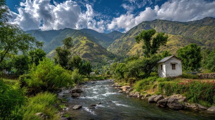 Scenic mountain landscape with flowing river trees and small house under sky