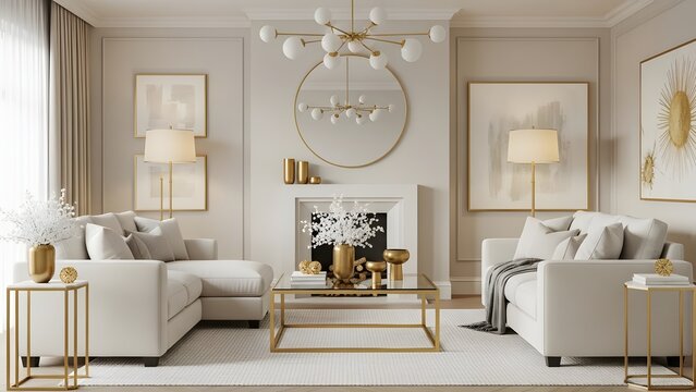 An elegant living room, meticulously designed with a blend of neutral tones, a cozy sofa, and stylish d&eacute;cor