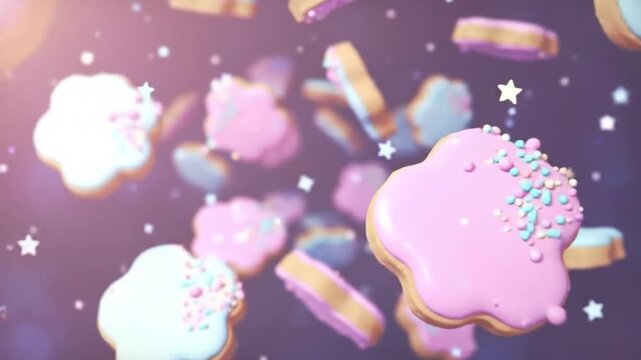 Floating cookies with pastel icing and sparkling stars for background