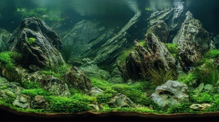Aquarium landscape, mountainous rocks, lush green plants