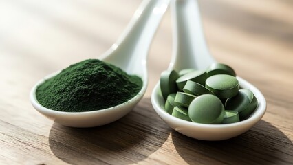 Spirulina powder and tablets on spoons