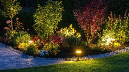 Night garden illuminated by spotlights
