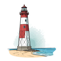 Cartoon Lighthouse Guiding Ships Safely to Shore on a Sandy Beach with Ocean Waves.