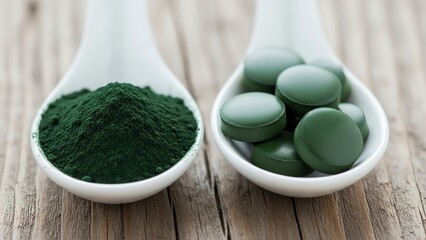 Spirulina powder and tablets on wooden surface