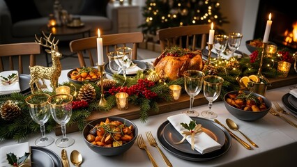 A beautifully set festive dinner table for a joyous celebration, with roasted chicken and decorations. A warm inviting holiday atmosphere with a focus on festive elements 