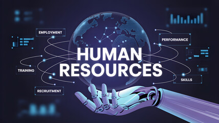 Human resources management with robotic hand holding globe