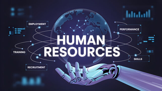 Human resources management with robotic hand holding globe - Powered by Adobe