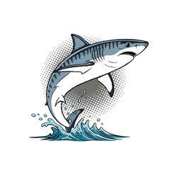 Dynamic Vector Illustration of a Great White Shark Breaching from Ocean Waves, Perfect for Wildlife and Marine Themes.