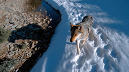 A lone coyote is seen cautiously traversing a snowy environment, reflecting the wild spirit and adaptability of nature, offering a glimpse into animal life in winter landscapes.
