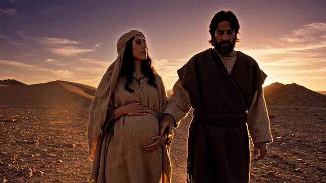 Pregnant Virgin Mary and Joseph walking in desert at sunset on their way to Bethlehem.