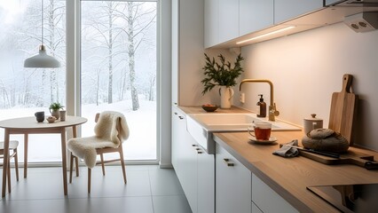 A modern kitchen with a snowy winter view, a dining table and wooden worktops, creating a cozy and inviting atmosphere