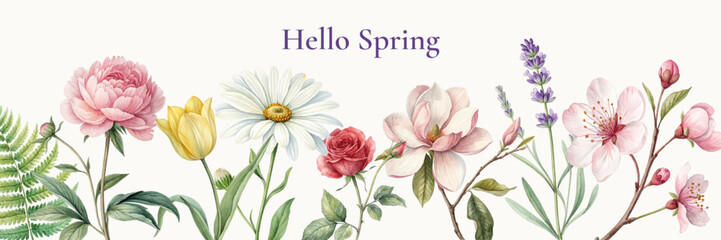 Watercolor spring floral border with Hello Spring text © Ірина Агібалова