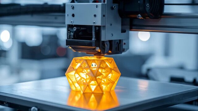 A 3D printer creating a geometric object in an industrial setting, close-up.