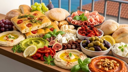 Gourmet Delights: An array of artisanal bread, fresh olives, sun-dried tomatoes, and creamy dips is artfully arranged. A visual feast for those who appreciate the finer things in life.