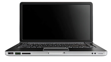 Laptop Open, dark screen, sleek silver & black design