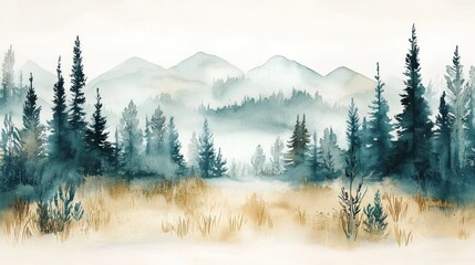 Watercolor landscape of a misty mountain range with a forest of pine trees and golden grass