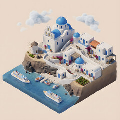 Isometric Miniature 3D Cartoon Scene of Santorini