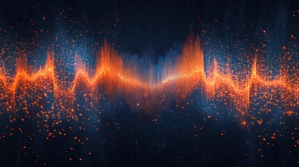 Abstract wave pattern of orange and blue particles against a dark background
