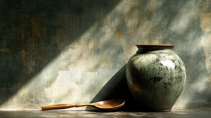 Still life of a rustic vase and wooden spoon on a textured wall, bathed in sunbeams