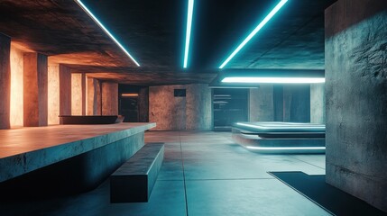 Futuristic, concrete interior space with neon lighting