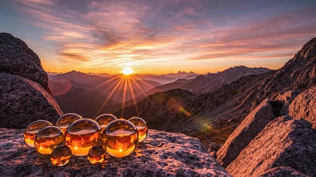 Orange Elixirs Gleam in Miniature Globes on Rocky Mountain Sunrise