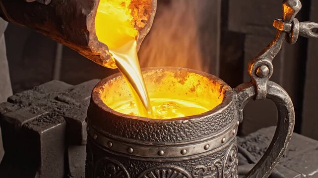 Molten Gold Pours Into Ornate Stein in Workshop