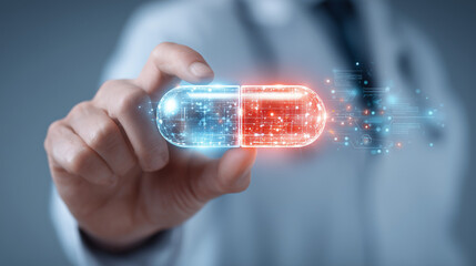 Hand Holding Digital Smart Pill with Circuitry Visualization, Concept of Future Medicine, Personalized Healthcare and Pharmaceutical Innovation