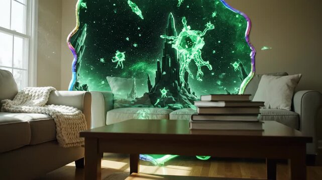 Surreal interdimensional portal opening in a cozy living room to a glowing alien world
