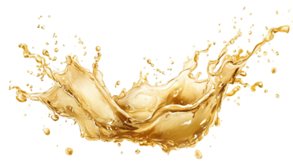 Golden liquid splash with droplets, set against a dark backdrop