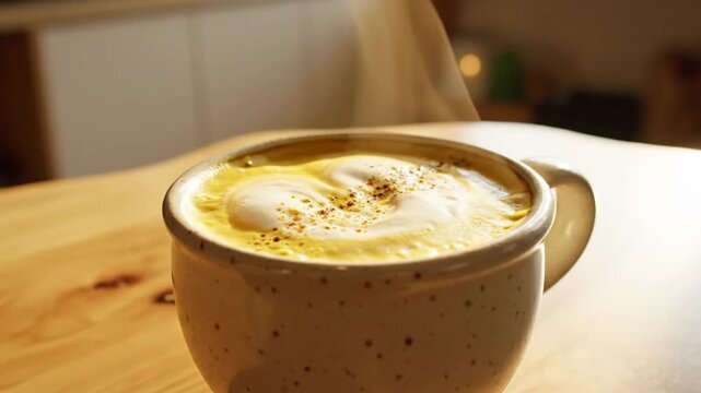 Steaming Golden Turmeric Latte in a Ceramic Mug