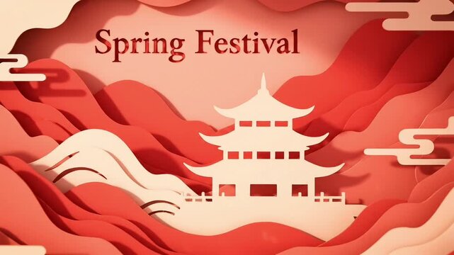 Spring Festival Celebration with Traditional Chinese Pagoda and Mountain Landscape in Paper Cut Style.