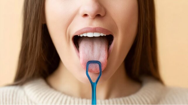 Woman cleaning tongue with scraper, emphasizing fresh breath and complete oral hygiene routine for dental health. Language